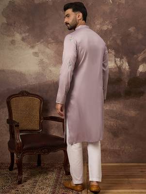 Men lavender silk blend solid embroidered straight kurta 4