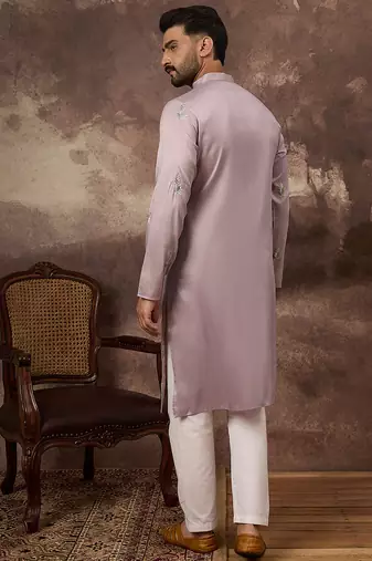 Men lavender silk blend solid embroidered straight kurta