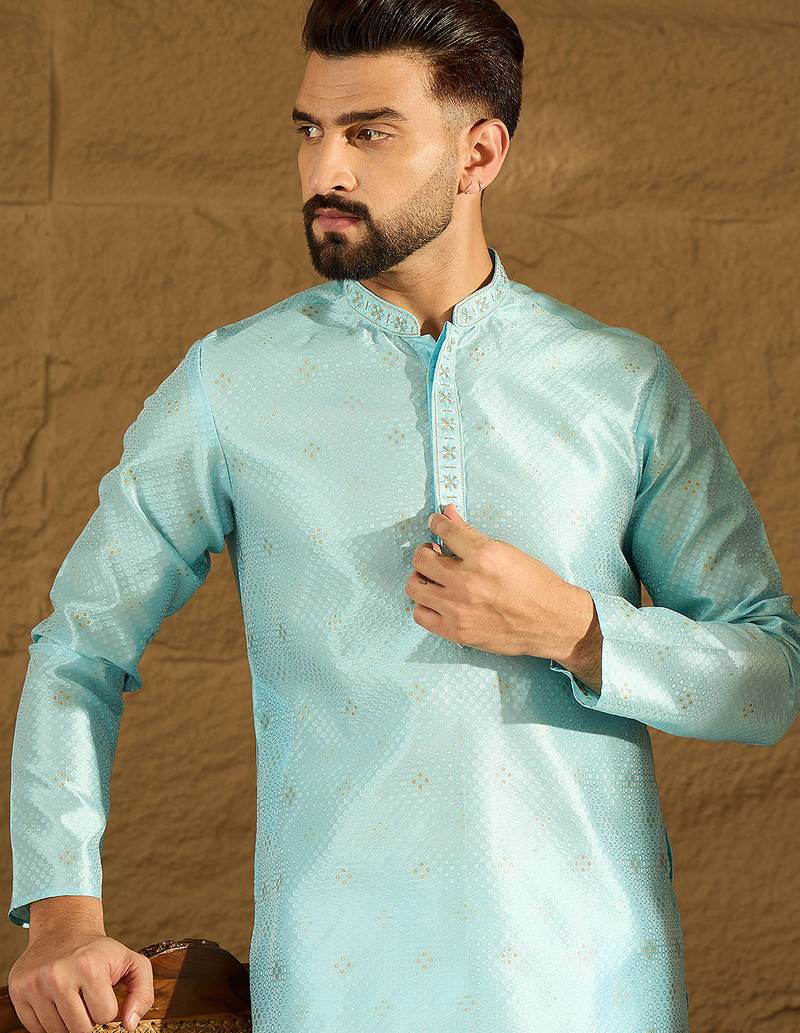 Men blue silk blend solid woven design straight kurta