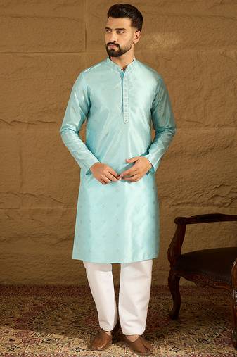 Men blue silk blend solid woven design straight kurta