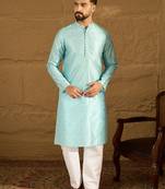 Men blue silk blend solid woven design straight kurta