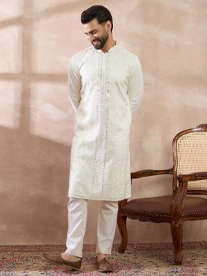 Men white silk blend embroidered mandarin collar straight kurta 1