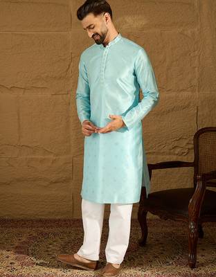 Men blue silk blend solid woven design straight kurta 5