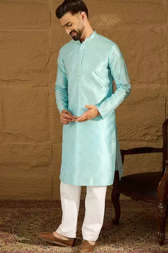 Men blue silk blend solid woven design straight kurta