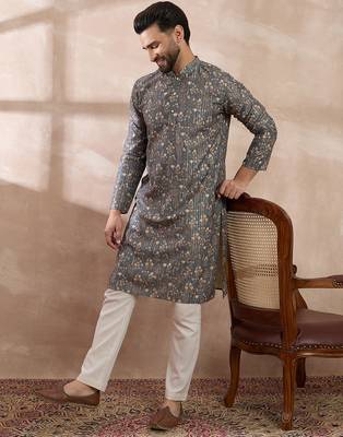 Men grey silk blend printed mandarin collar straight kurta 1