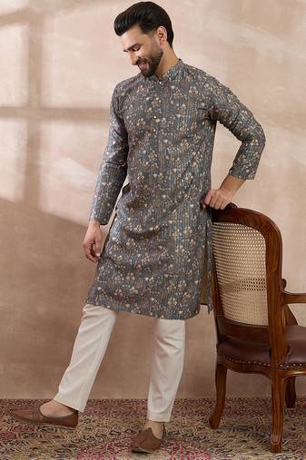 Men grey silk blend printed mandarin collar straight kurta