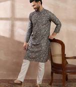 Men grey silk blend printed mandarin collar straight kurta