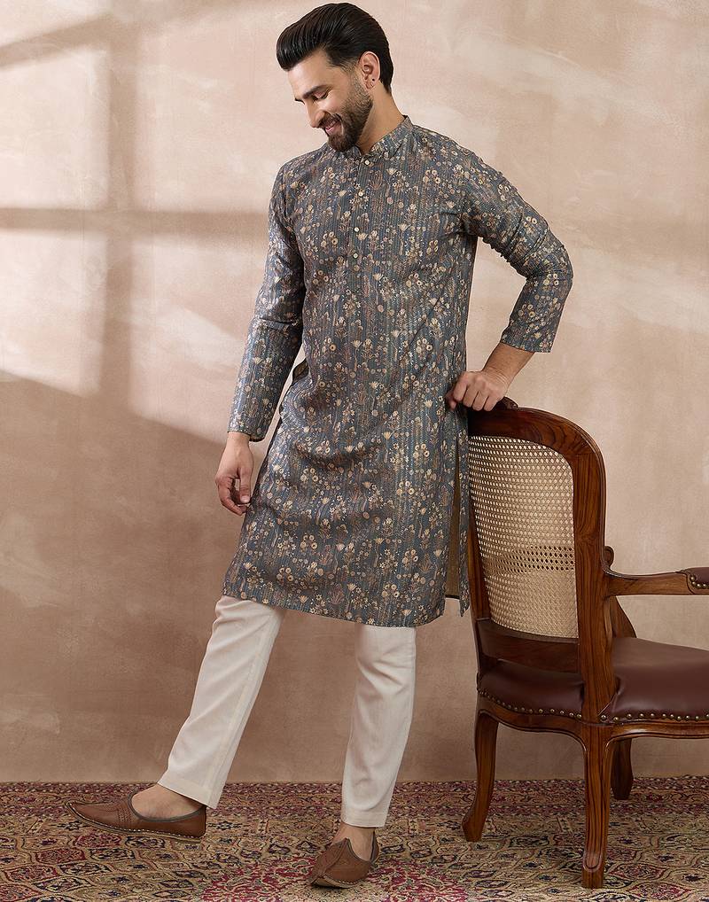 Men grey silk blend printed mandarin collar straight kurta