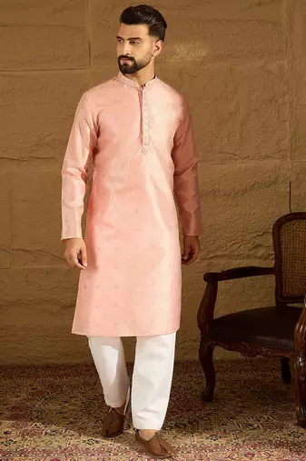 Men peach polyester solid embroidered straight kurta