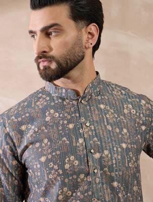 Men grey silk blend printed mandarin collar straight kurta 2