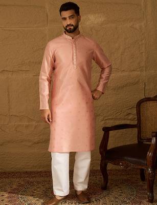 Men peach polyester solid embroidered straight kurta 3