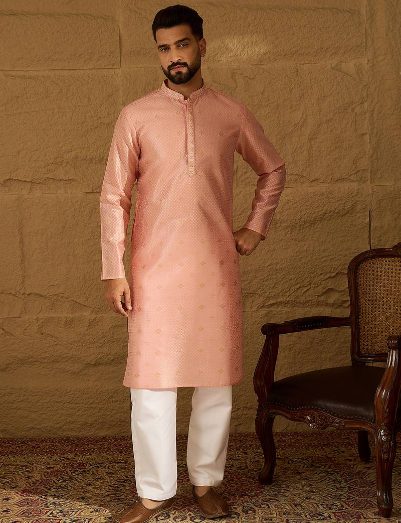 Men peach polyester solid embroidered straight kurta