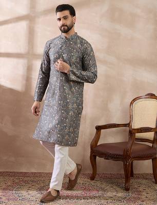 Men grey silk blend printed mandarin collar straight kurta 3