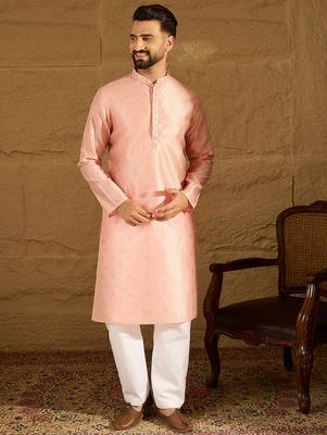 Men peach polyester solid embroidered straight kurta 5