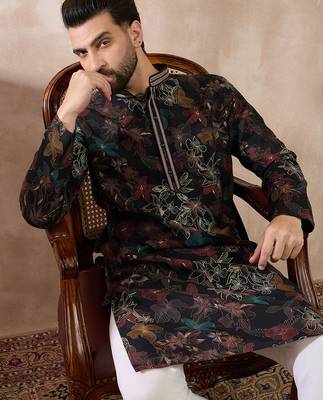 Men black silk blend printed mandarin collar straight kurta 1