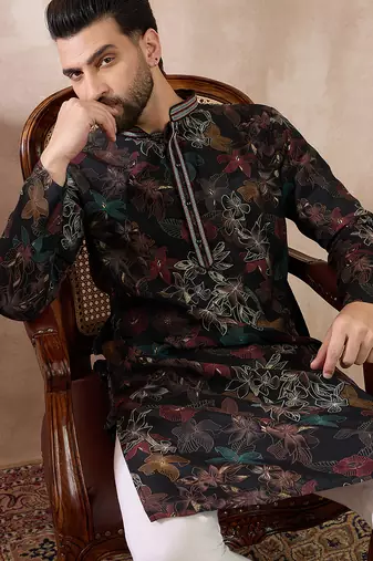 Men black silk blend printed mandarin collar straight kurta