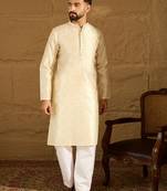 Men off white silk blend solid woven design straight kurta