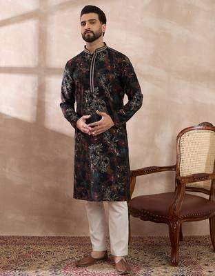 Men black silk blend printed mandarin collar straight kurta 3