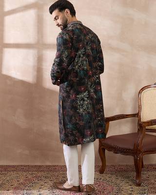 Men black silk blend printed mandarin collar straight kurta 4