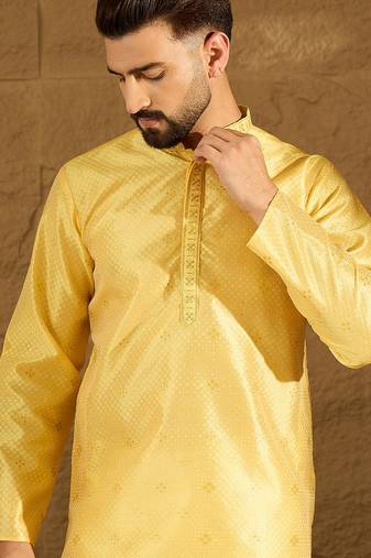 Men yellow polyester solid embroidered straight kurta