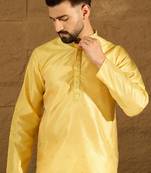 Men yellow polyester solid embroidered straight kurta
