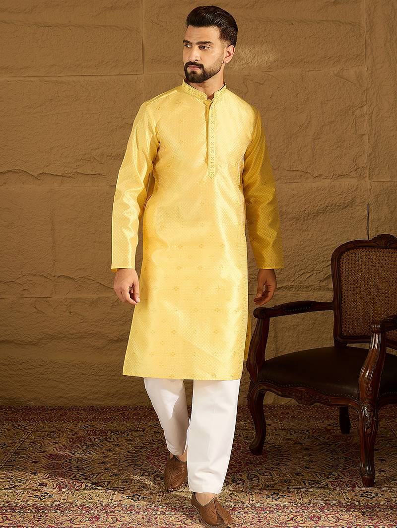Men yellow polyester solid embroidered straight kurta
