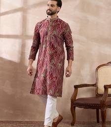 Men red silk blend printed mandarin collar straight kurta