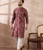 Men red silk blend printed mandarin collar straight kurta