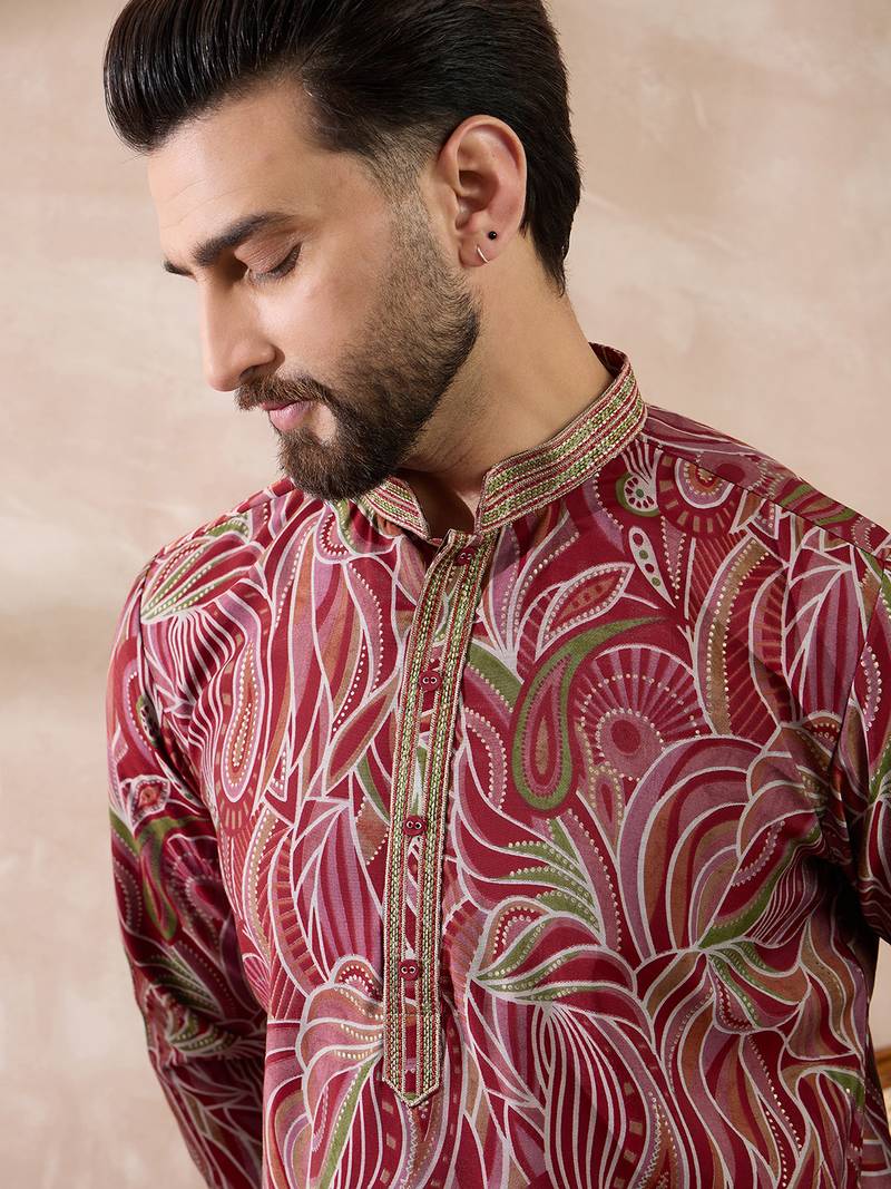 Men red silk blend printed mandarin collar straight kurta