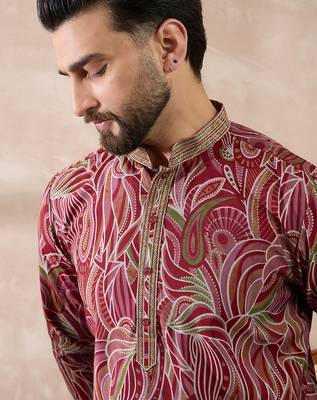Men red silk blend printed mandarin collar straight kurta 2