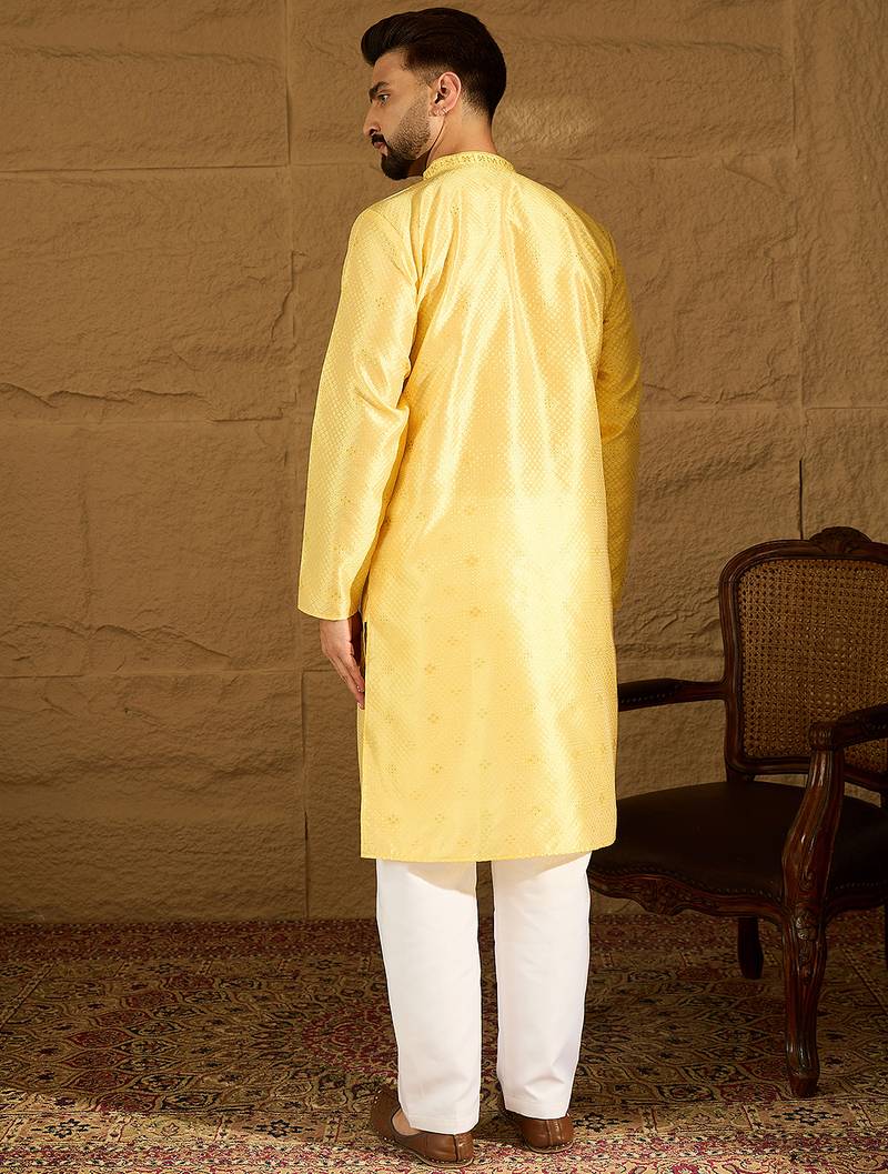 Men yellow polyester solid embroidered straight kurta