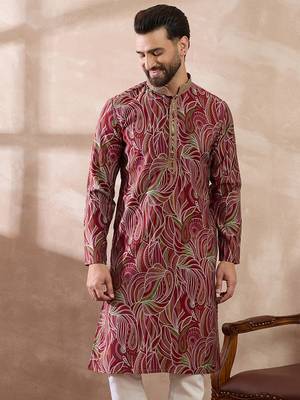 Men red silk blend printed mandarin collar straight kurta 3