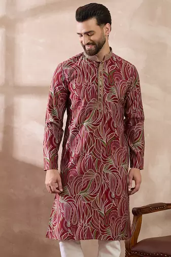 Men red silk blend printed mandarin collar straight kurta