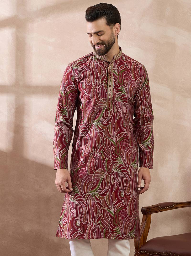 Men red silk blend printed mandarin collar straight kurta