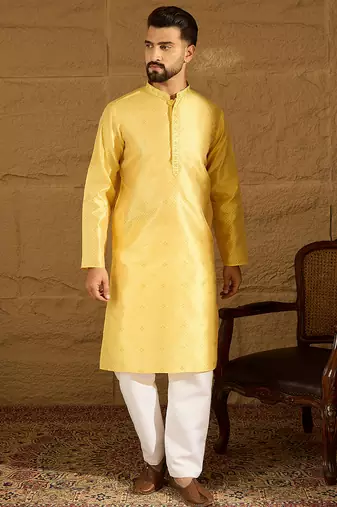 Men yellow polyester solid embroidered straight kurta