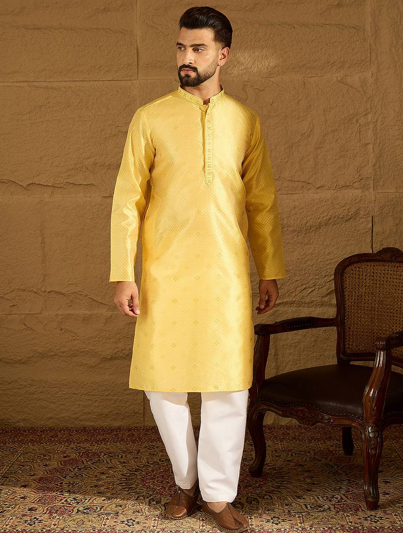 Men yellow polyester solid embroidered straight kurta