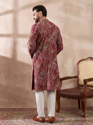 Men red silk blend printed mandarin collar straight kurta 4