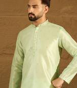 Men green silk blend solid woven design straight kurta