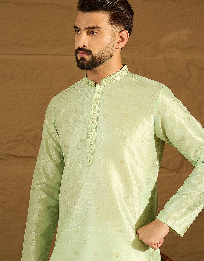 Men green silk blend solid woven design straight kurta