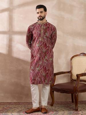 Men red silk blend printed mandarin collar straight kurta 5