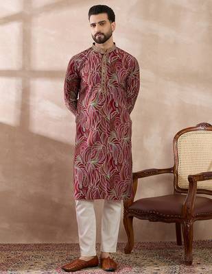 Men red silk blend printed mandarin collar straight kurta 5
