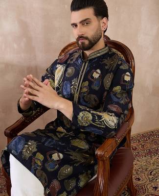 Men navy blue silk blend printed mandarin collar straight kurta 1