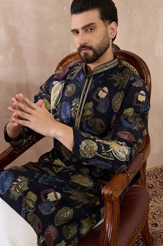 Men navy blue silk blend printed mandarin collar straight kurta