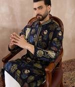 Men navy blue silk blend printed mandarin collar straight kurta