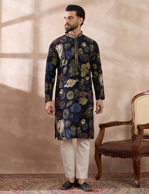 Men navy blue silk blend printed mandarin collar straight kurta 5