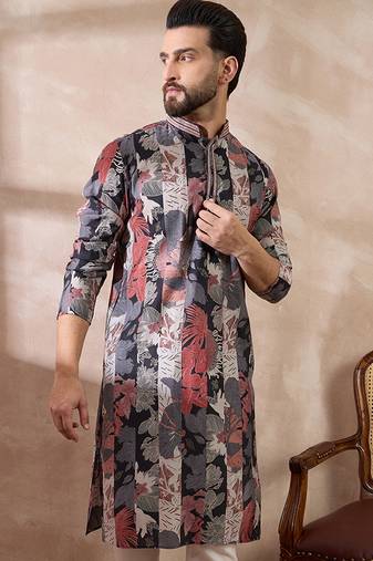 Men black silk blend printed mandarin collar straight kurta