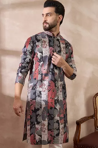 Men black silk blend printed mandarin collar straight kurta