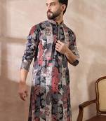 Men black silk blend printed mandarin collar straight kurta