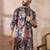 Men black silk blend printed mandarin collar straight kurta
