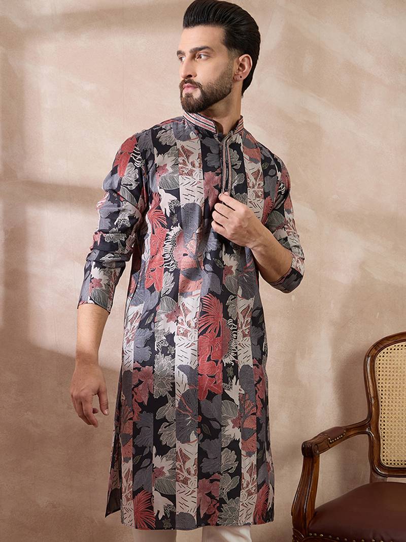 Men black silk blend printed mandarin collar straight kurta